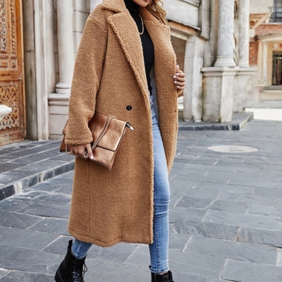 Camel wide collar teddy button trench Coat Jacket - Picture 5 of 5